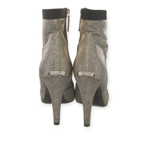 CHANEL Black Silver Metallic Pointed Toe Ankle Boots - Picture 4 of 5
